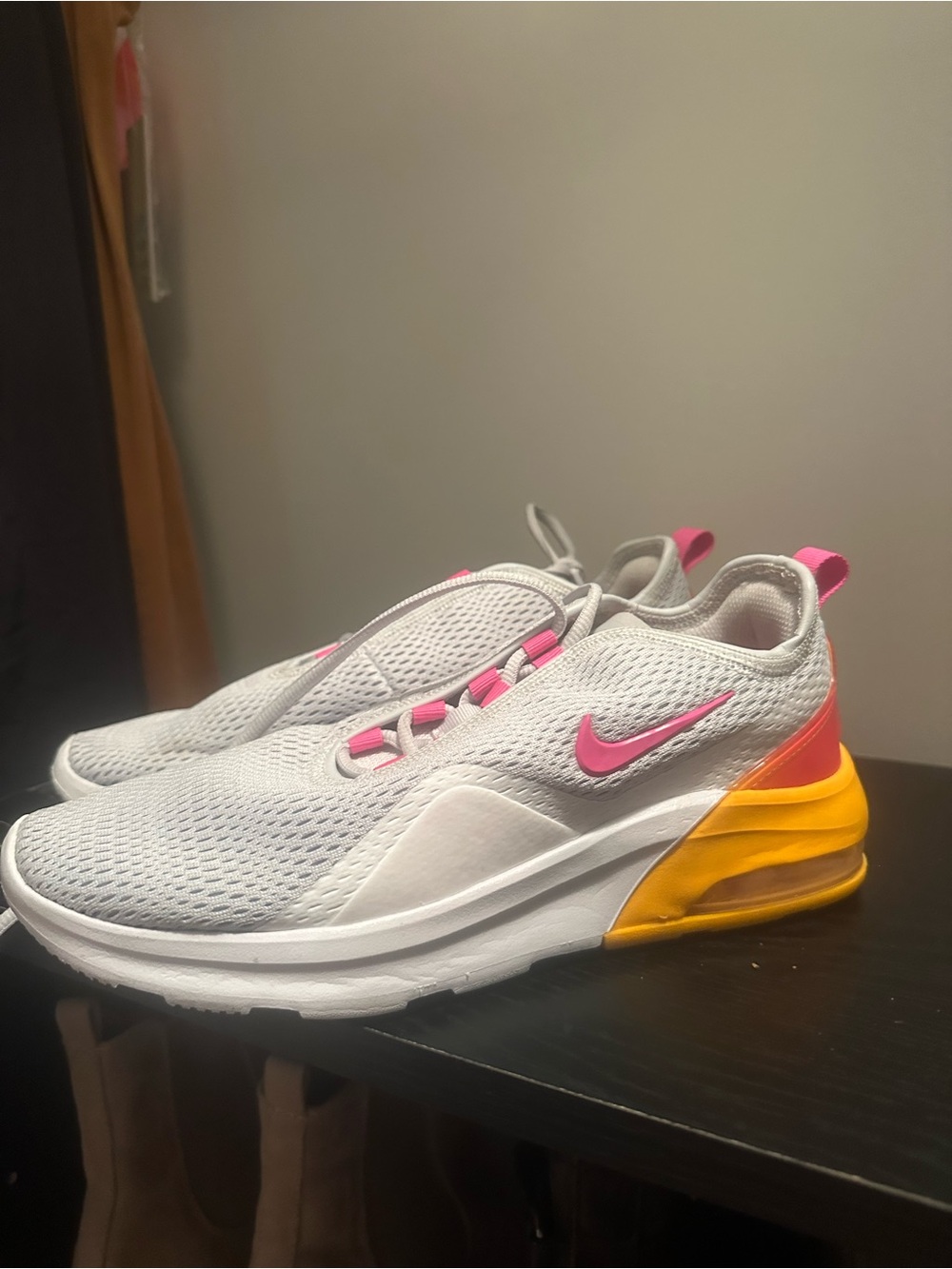 Nike Women's White Mesh Running Shoe with Pink & Yellow Accents